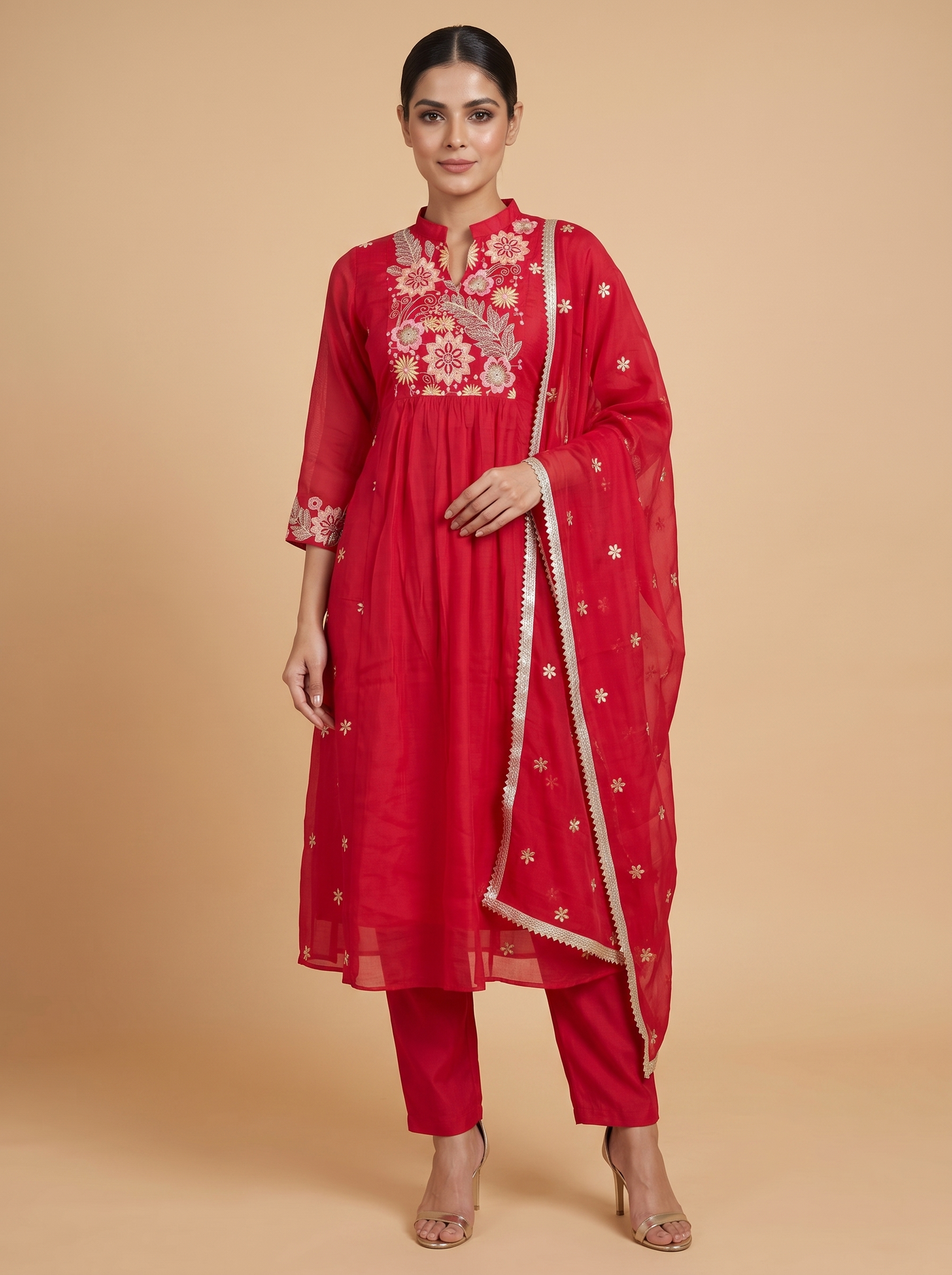 Crimson Red with Dupatta Anarkali Set