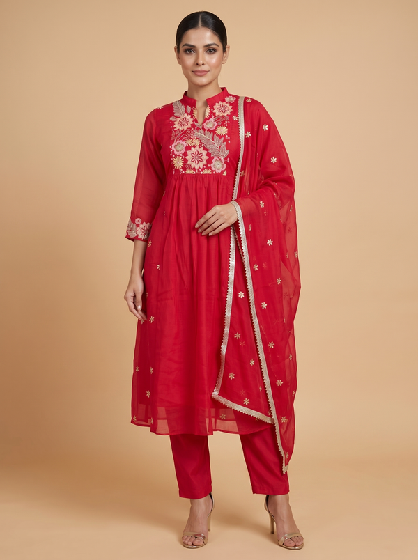 Crimson Red with Dupatta Anarkali Set