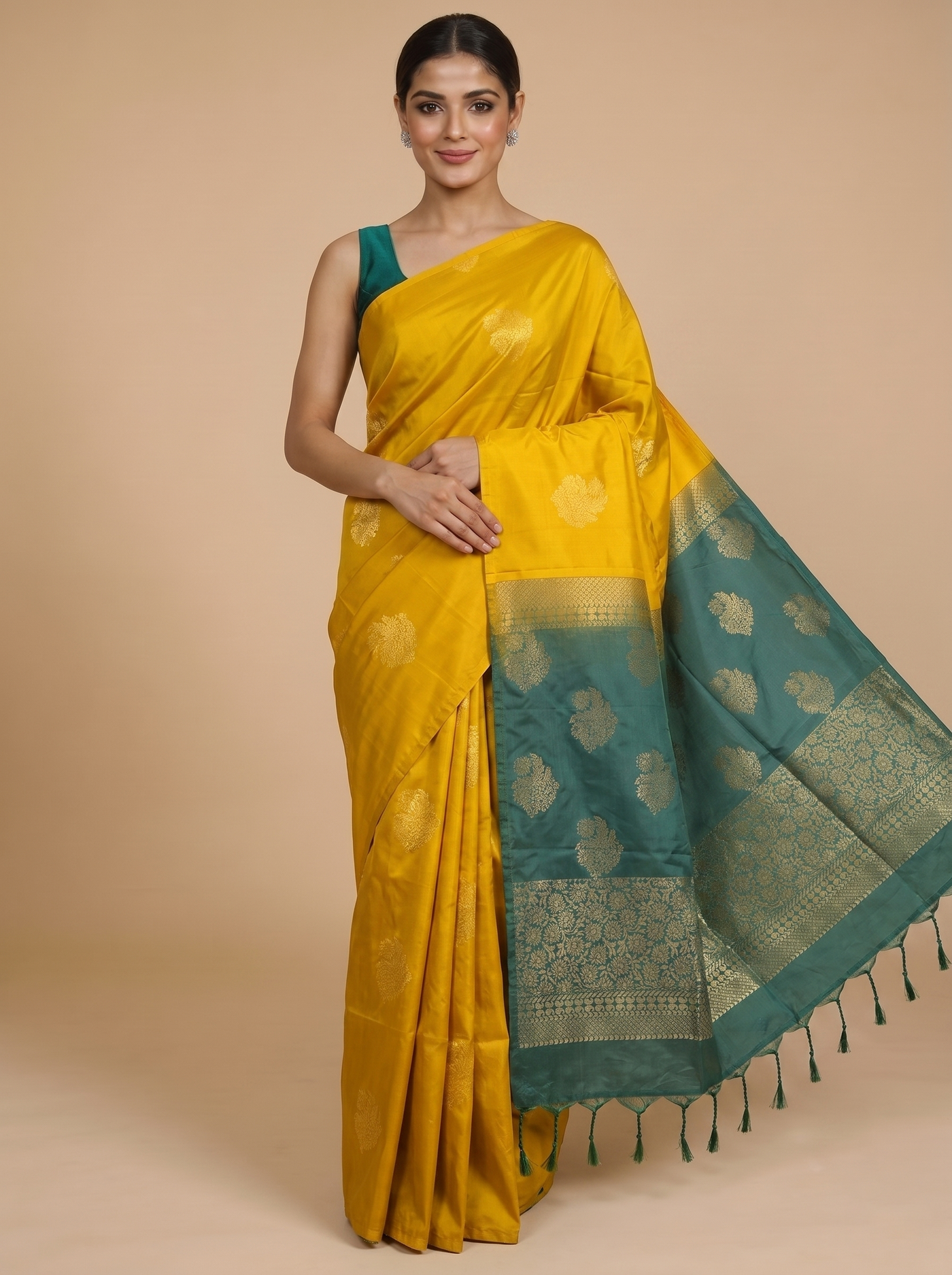 Mustard Yellow with Teal Blue Semi Silk Saree