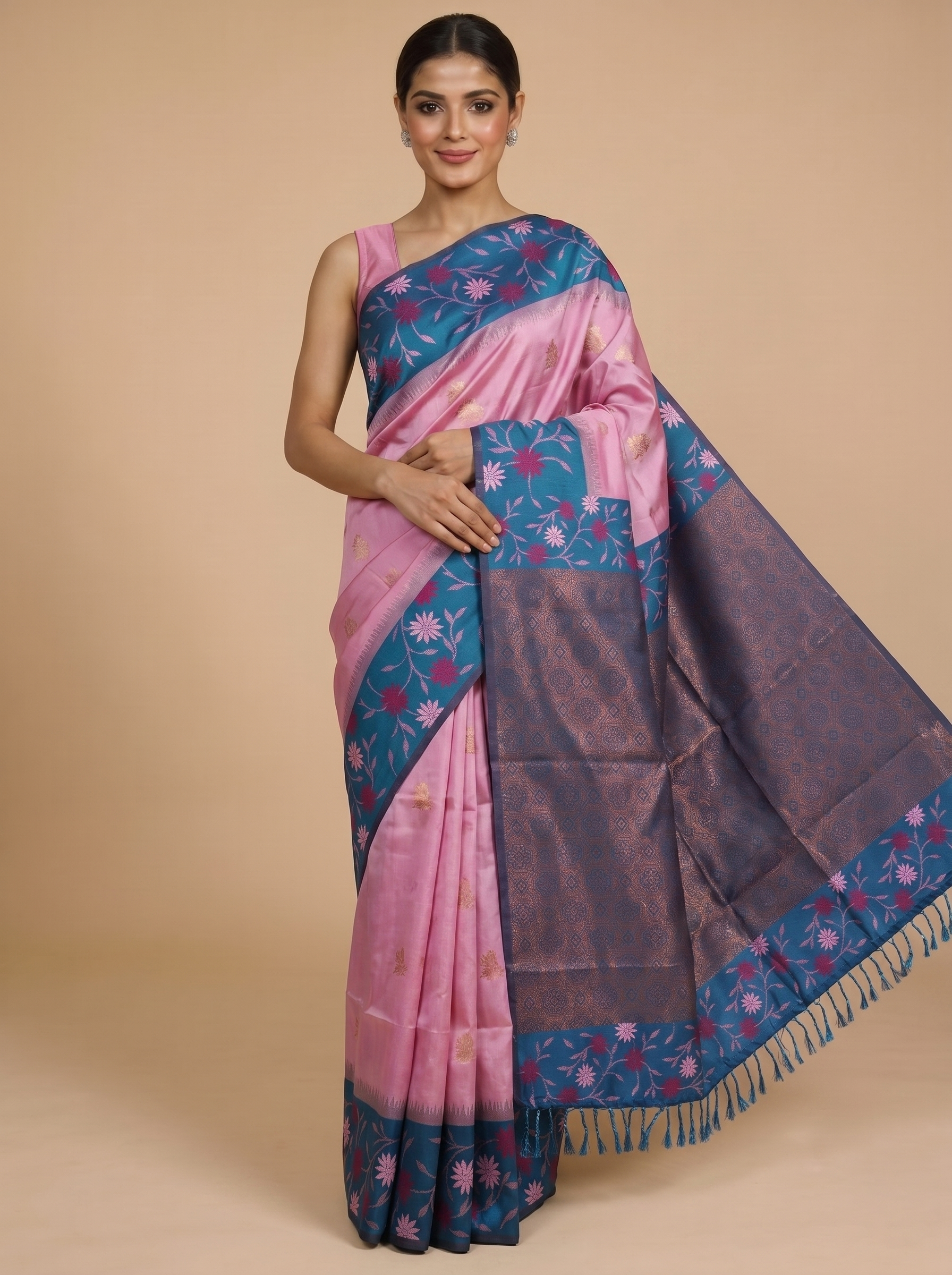 Pink with Teal Blue Fancy Silk Saree