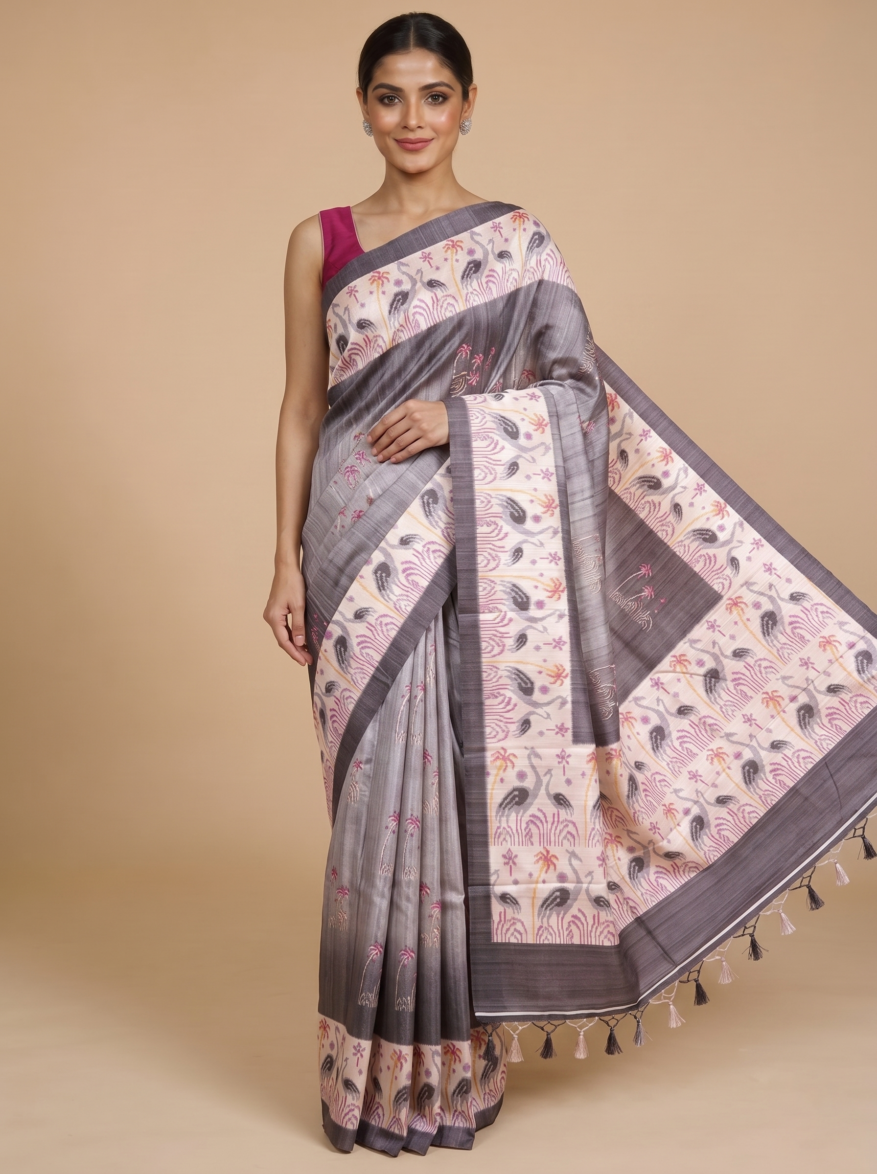Steel Grey with Cream - Semi Tussar Saree