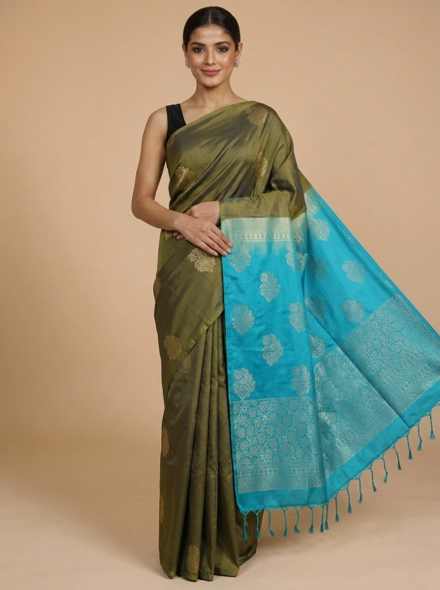 Olive Green with Turquoise Blue - Semi Silk Saree