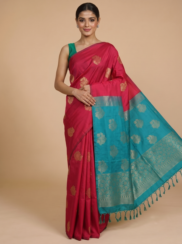 Magenta Pink with Teal Blue  Semi Silk Saree