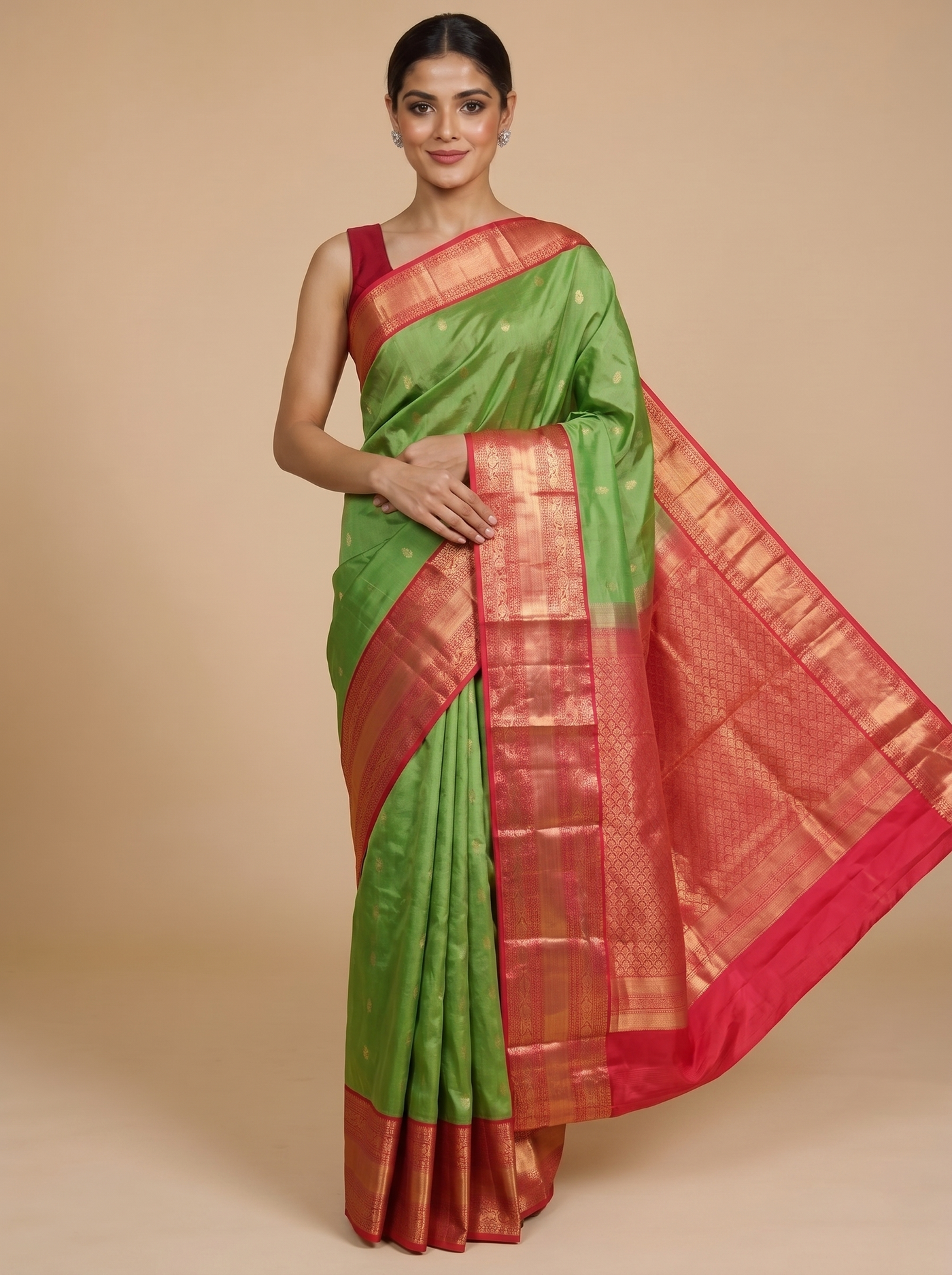 Light Green with Crimson Red - Pure Kanchipuram Silk Saree