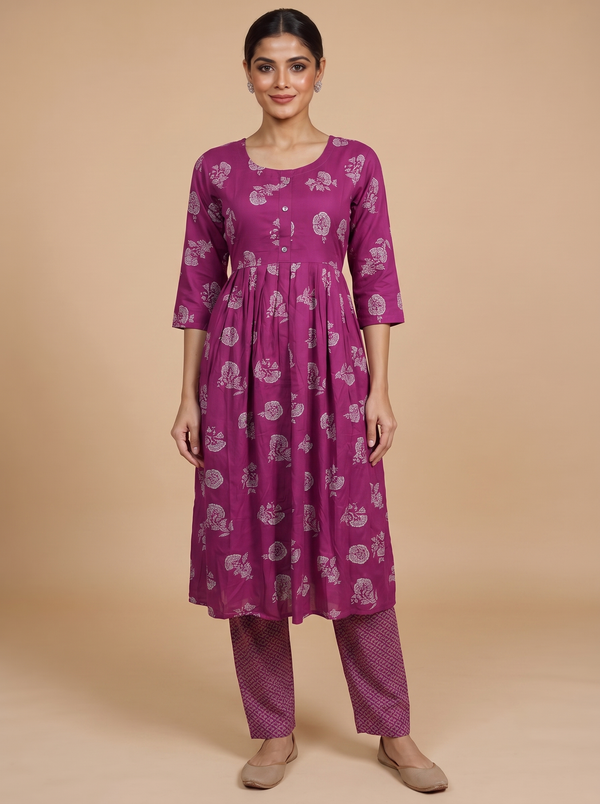 Magenta Printed Anarkali Set