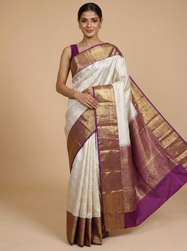 Cream and Purple Kanchipuram Fancy Silk Saree