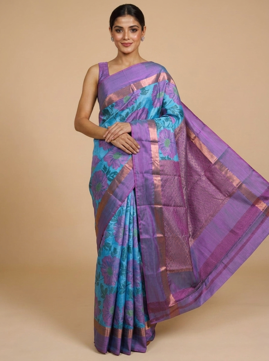 Enchanting Turquoise Blue & Lavender Mauve Floral Kanchipuram Silk Saree