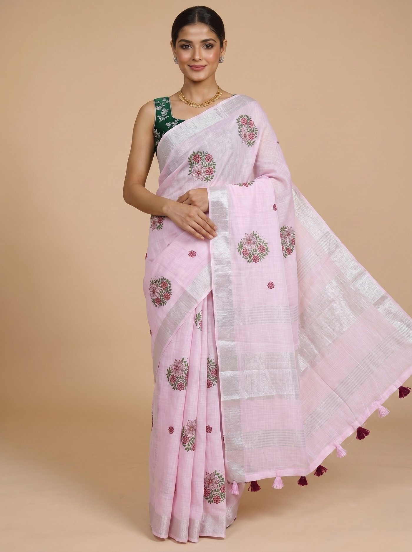 Baby Pink with Silver - Linen Cotton Saree