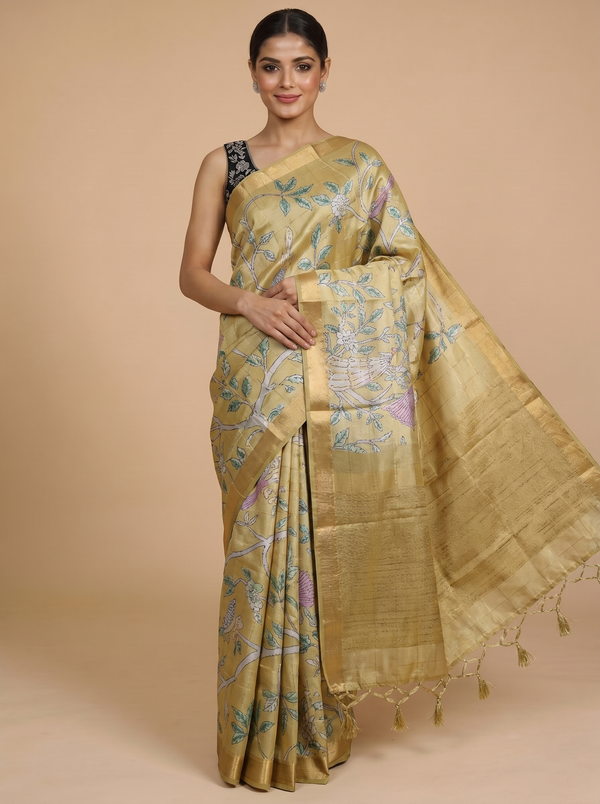 Olive Mustard and Golden Zari with Antique Gold Munthi Dola Silk Saree