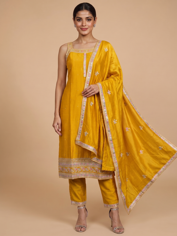 Mustard Yellow with Silver Ready Made Salwar Suit