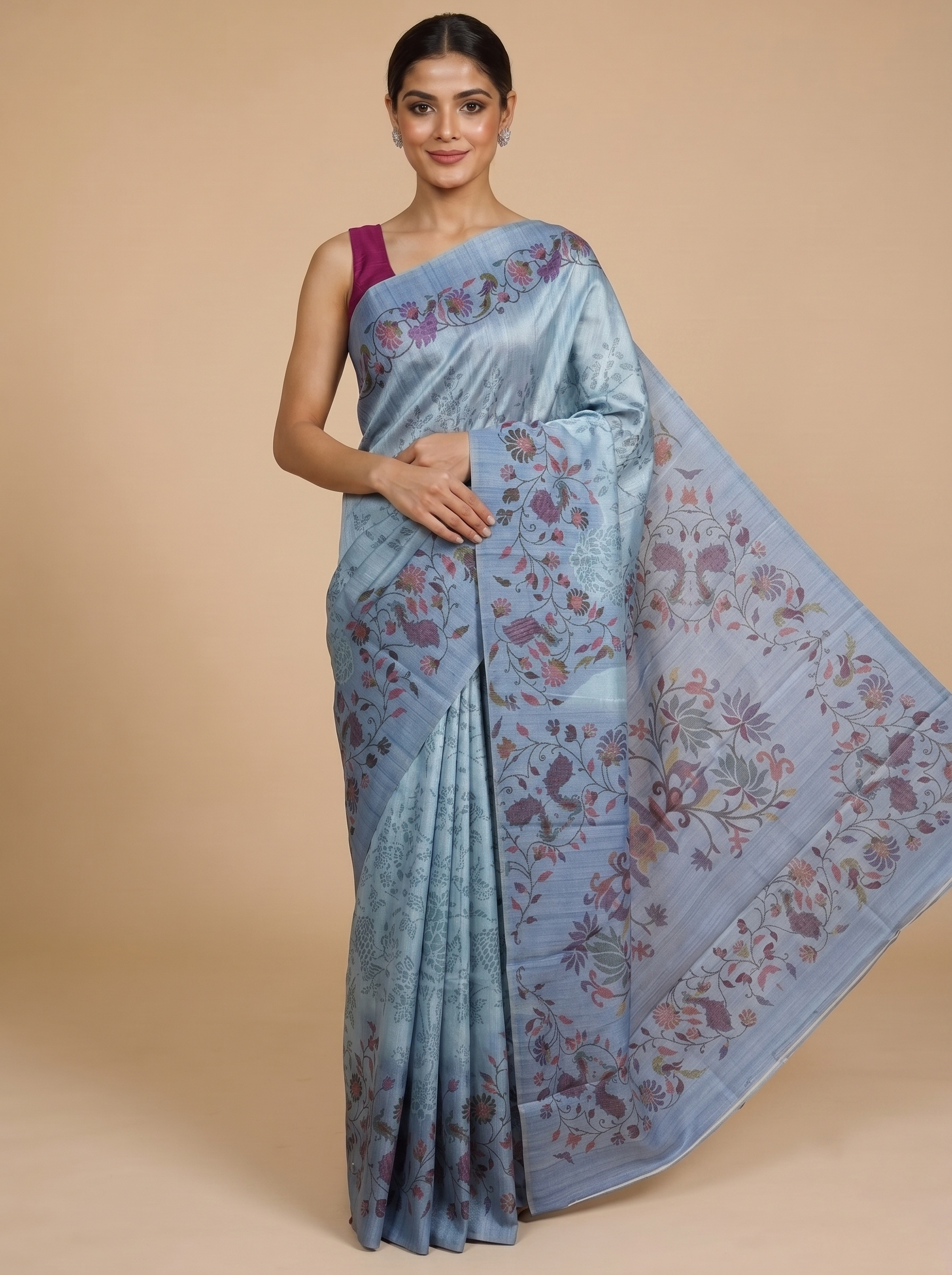 Ice Blue with Multicolor Floral Pallu - Semi Tussar Saree