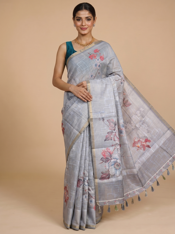 Pastel Grey with Silver-Grey Linen Cotton Saree
