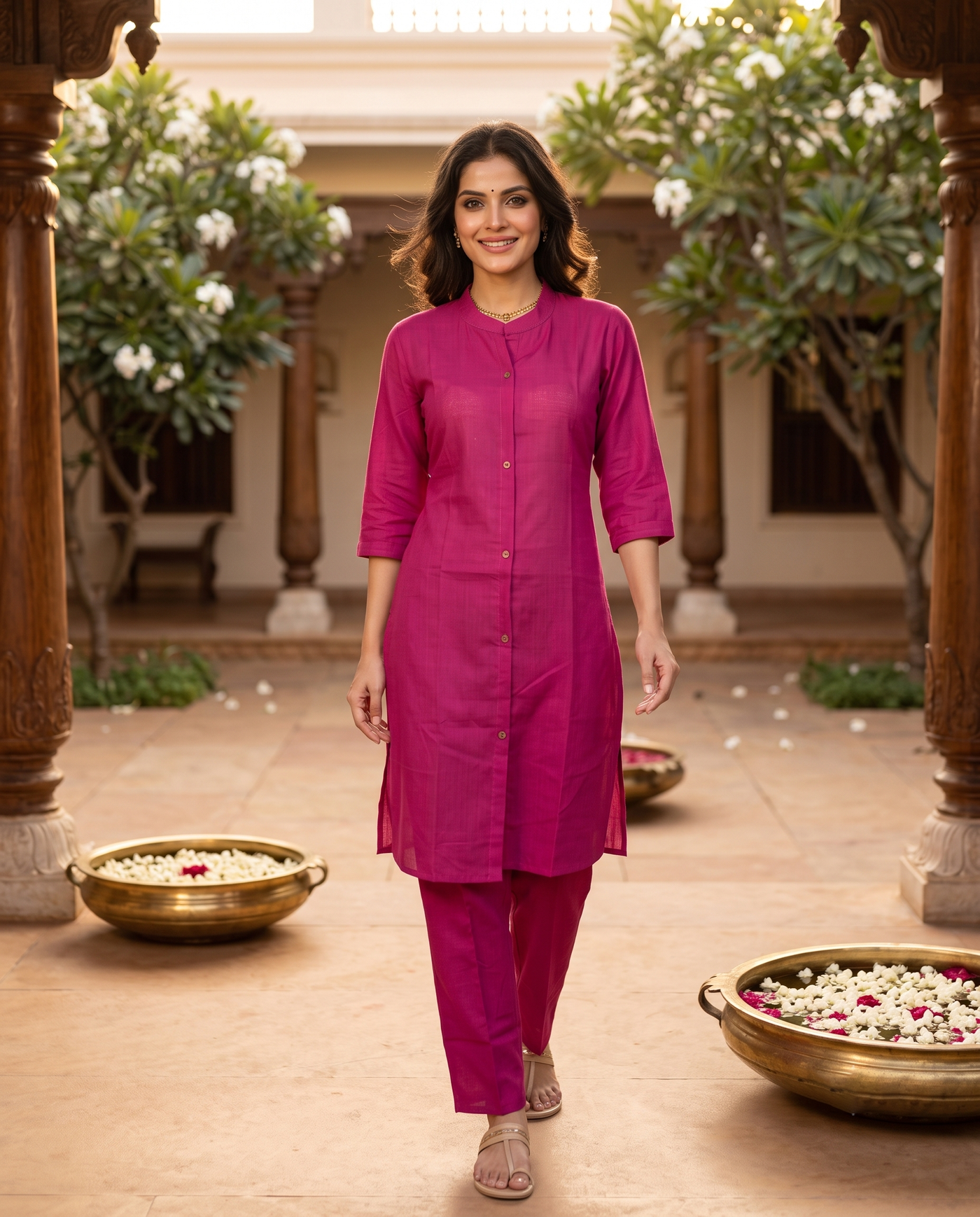 Magenta Pink Cotton Slub Kurti Set