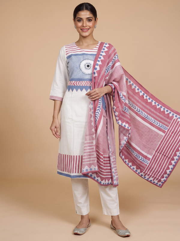 Off-White with Red and Blue Ready Made Kurti Set