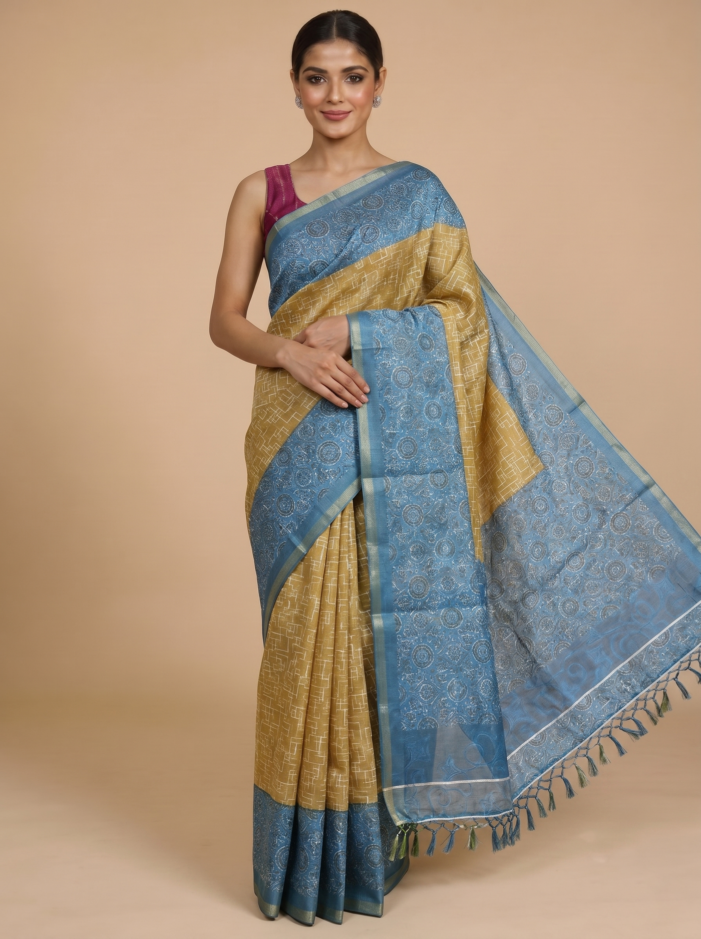 Mustard Yellow with Cerulean Blue - Linen Cotton Saree