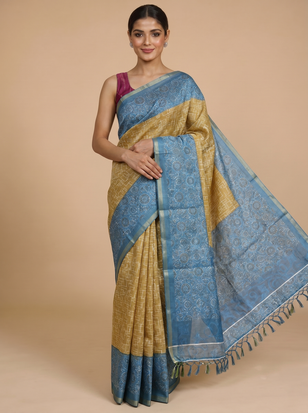 Mustard Yellow with Cerulean Blue - Linen Cotton Saree