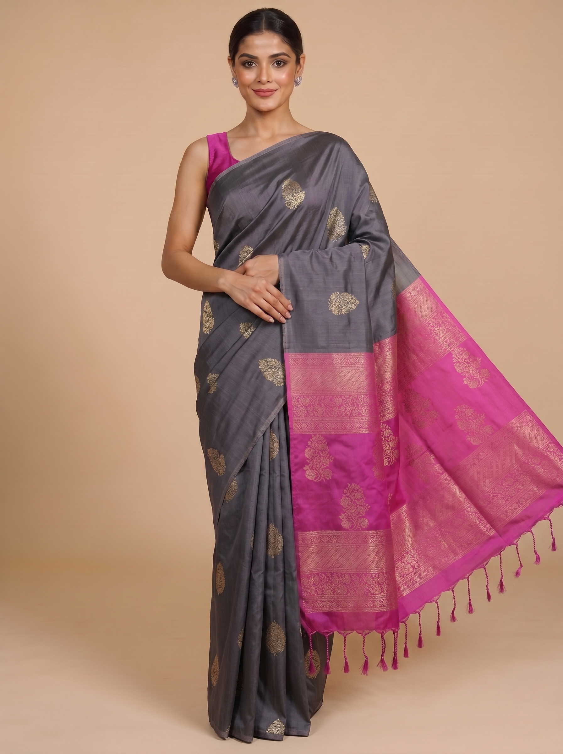 Grey with Rani Pink - Semi Silk Saree