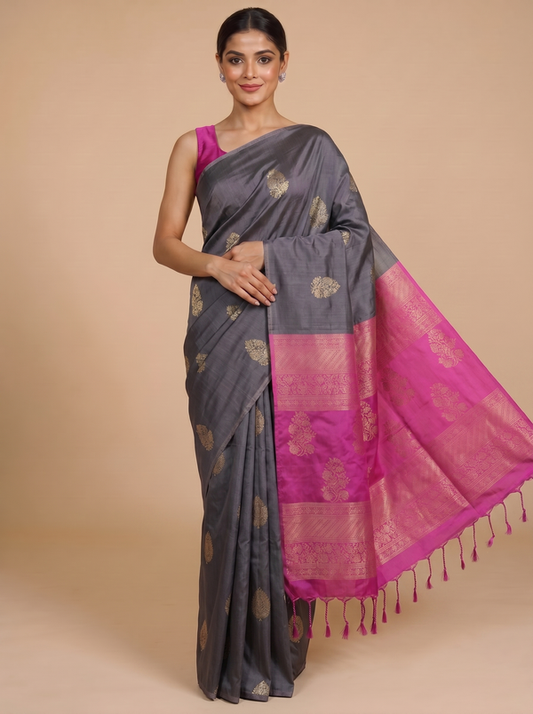 Grey with Rani Pink - Semi Silk Saree