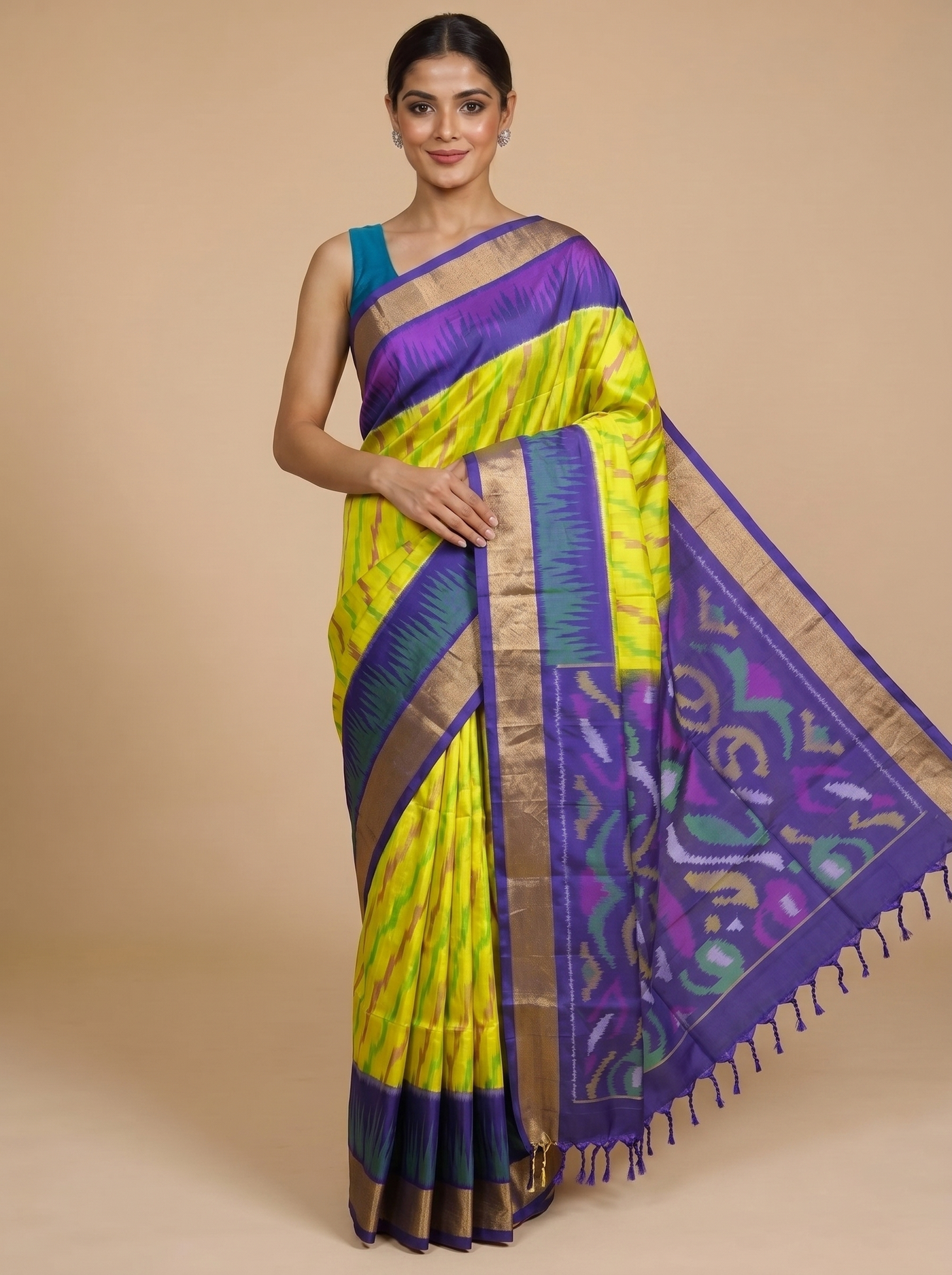 Lime Yellow with Purple - Pure Kanchipuram Silk Saree