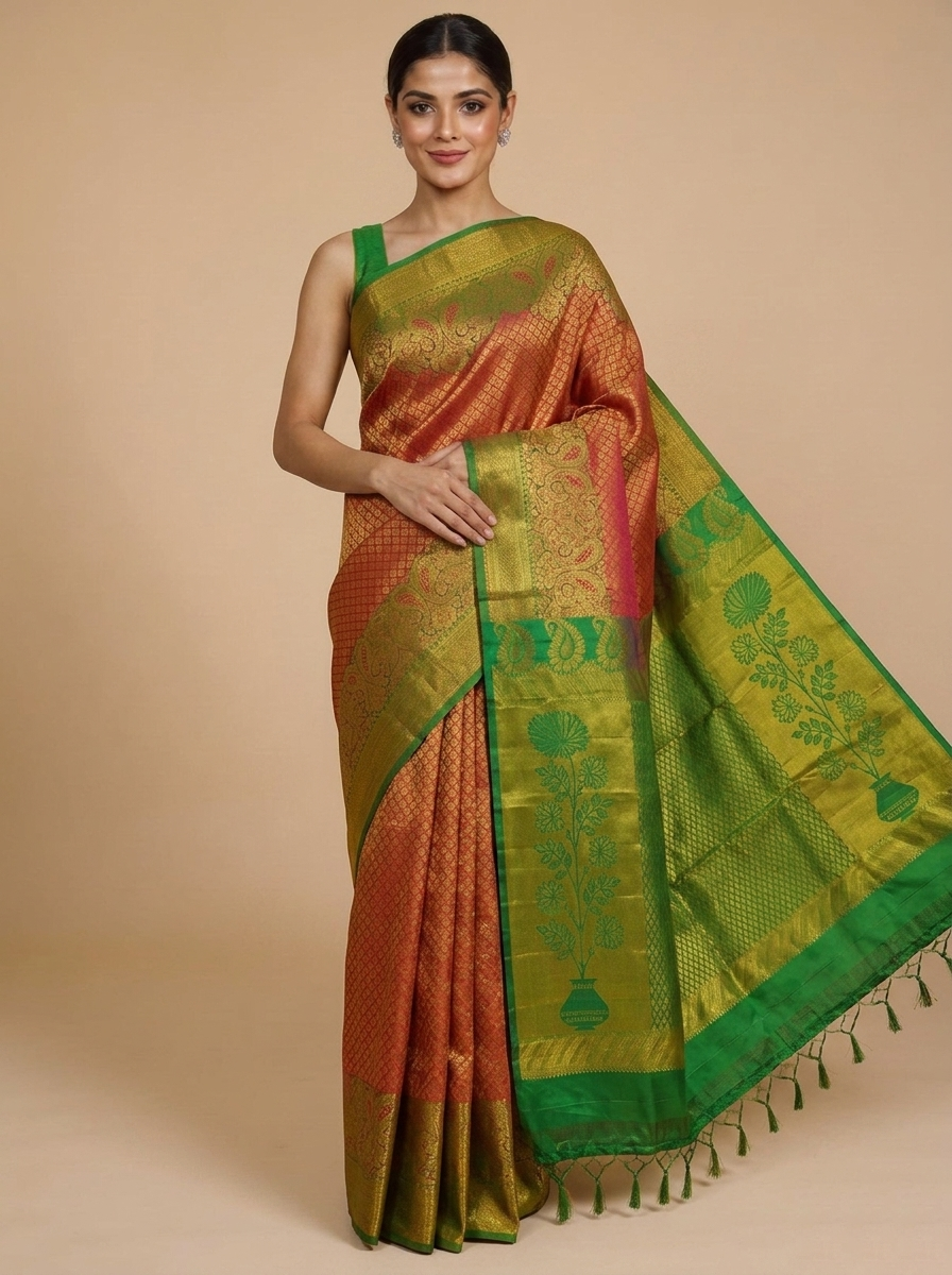 Crimson Pink and Parrot Green Kanchipuram Silk Saree