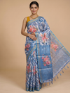 Steel Blue with Pink Floral - Linen Cotton Saree