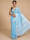 Sky Blue with Silver White Pallu - Linen Cotton Saree