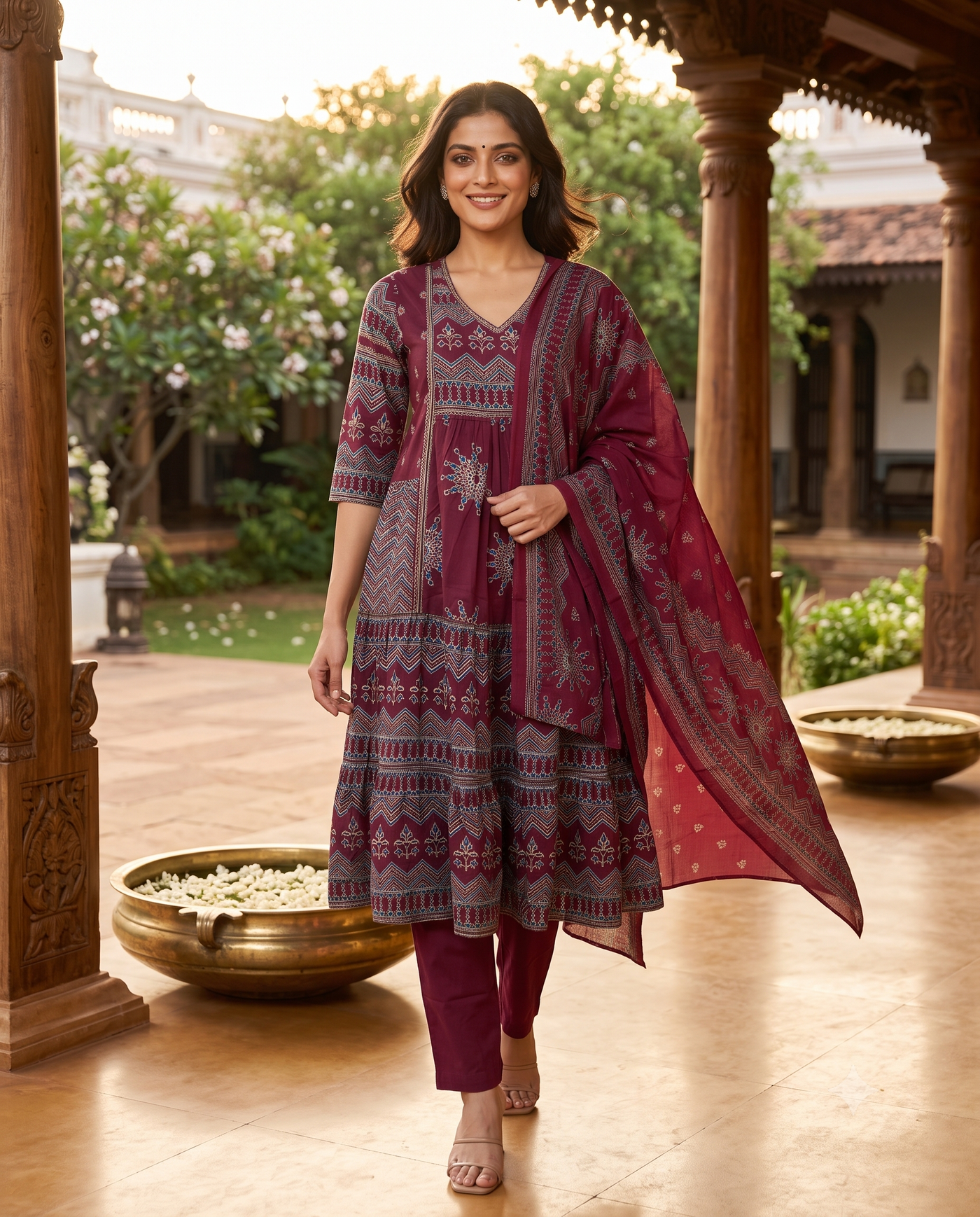 Wine Maroon with Dupatta Anarkali Set