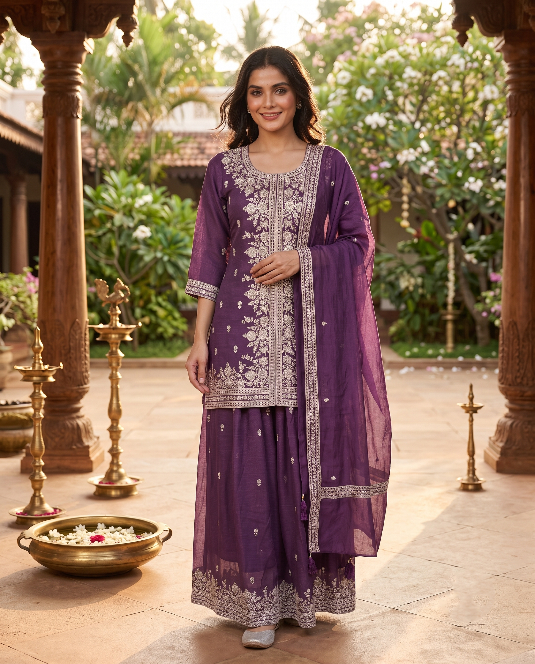 Purple with white zari Dupatta Ready Made Cholie Set