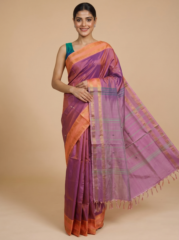 Muted Purple Saree with Lavender Munthi Vaalai Naar Pattu Saree