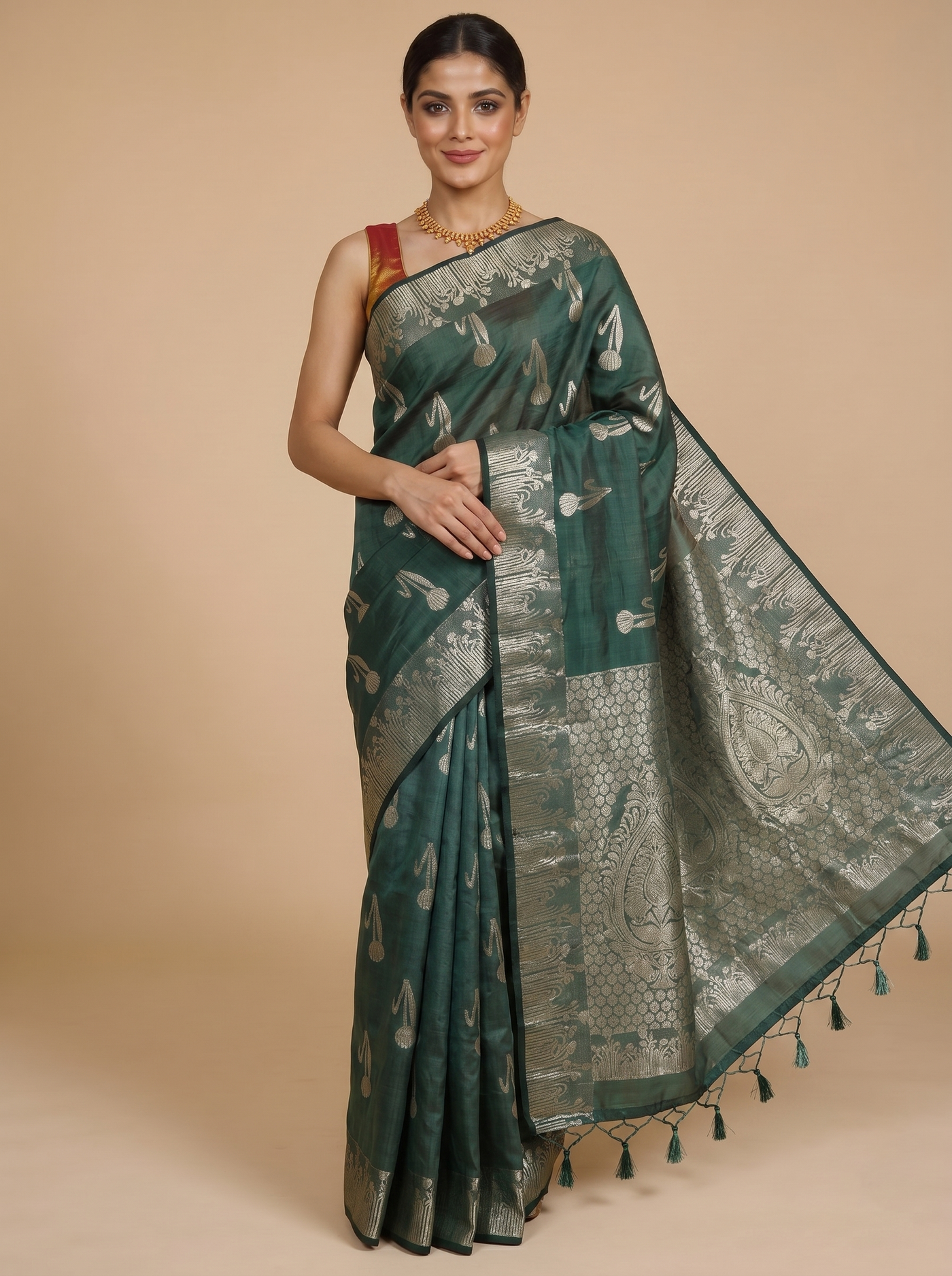 Bottle Green with Silver - Semi Tussar Saree