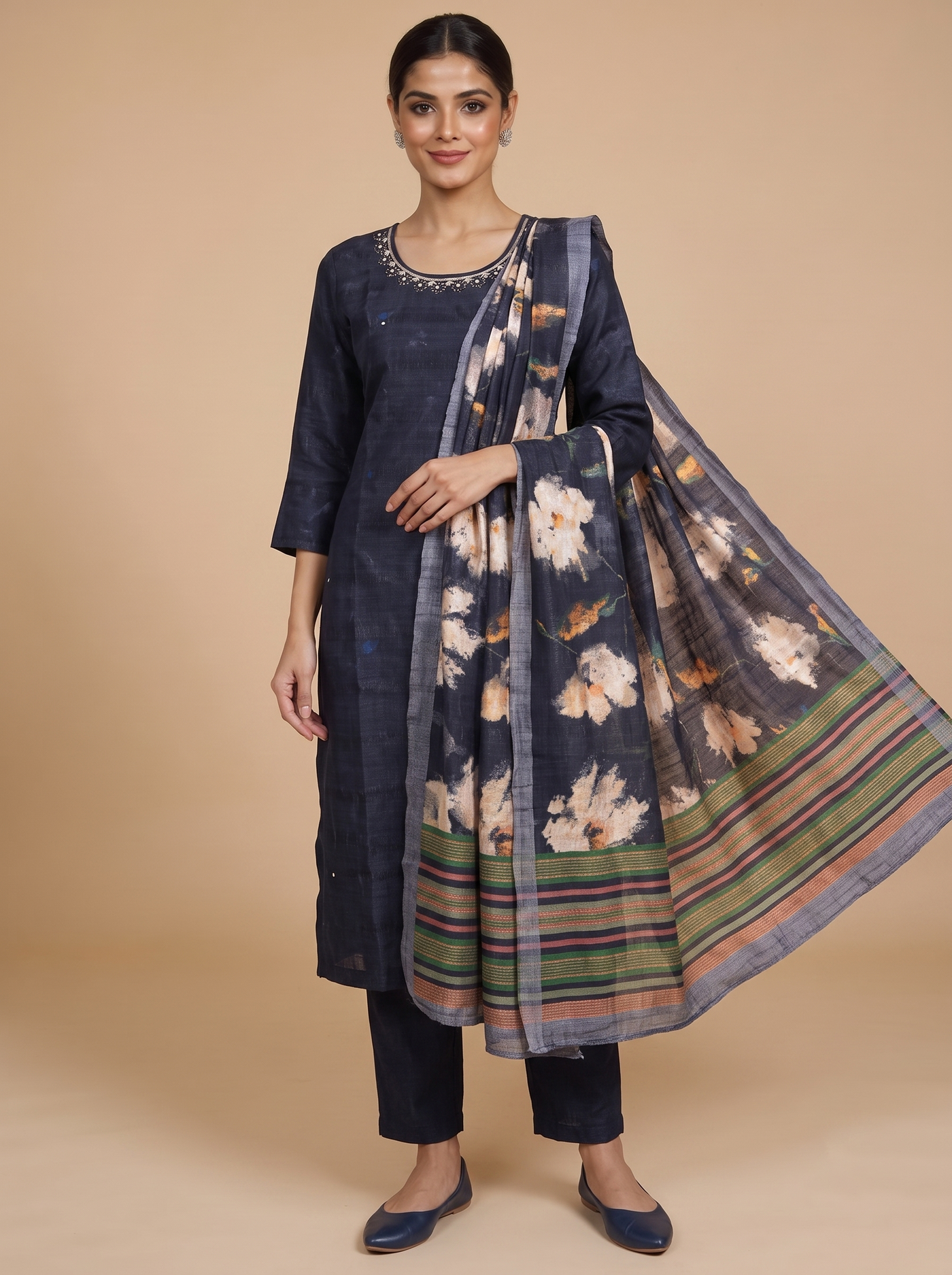 Navy Blue with Multicolor Floral Dupatta Ready Made Salwar Suit