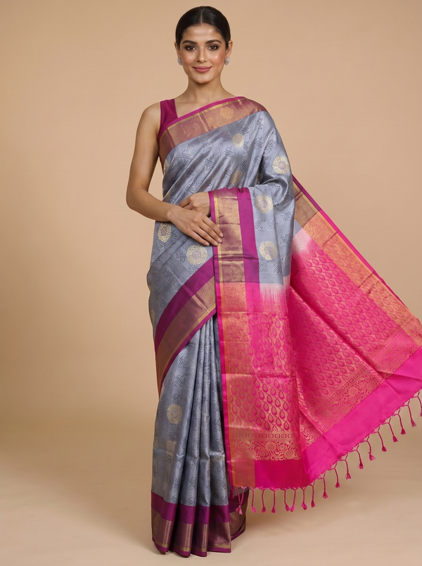 Grey and Magenta Pure Soft Silk Saree