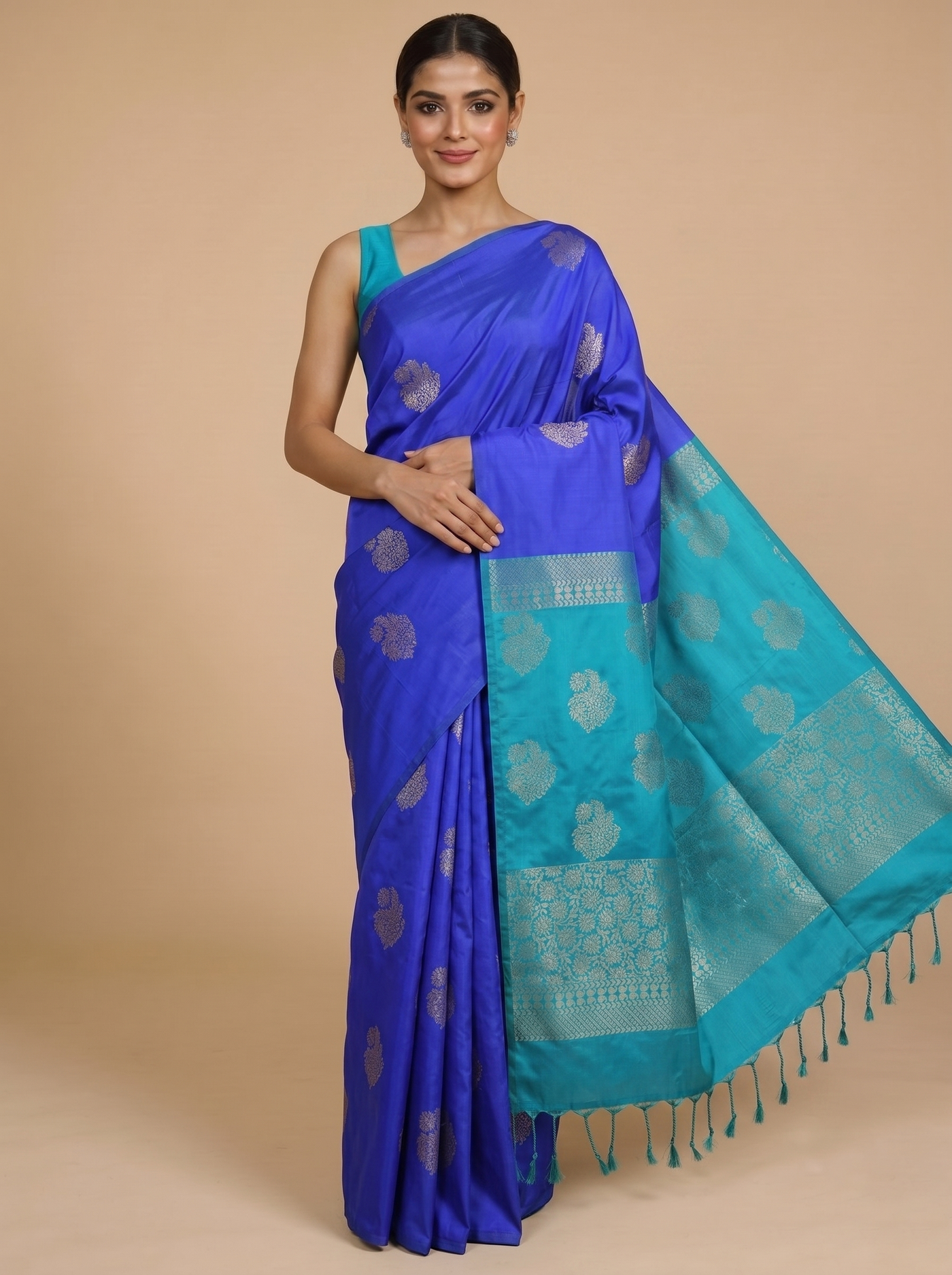 Royal Blue with Teal Green - Semi Silk Saree