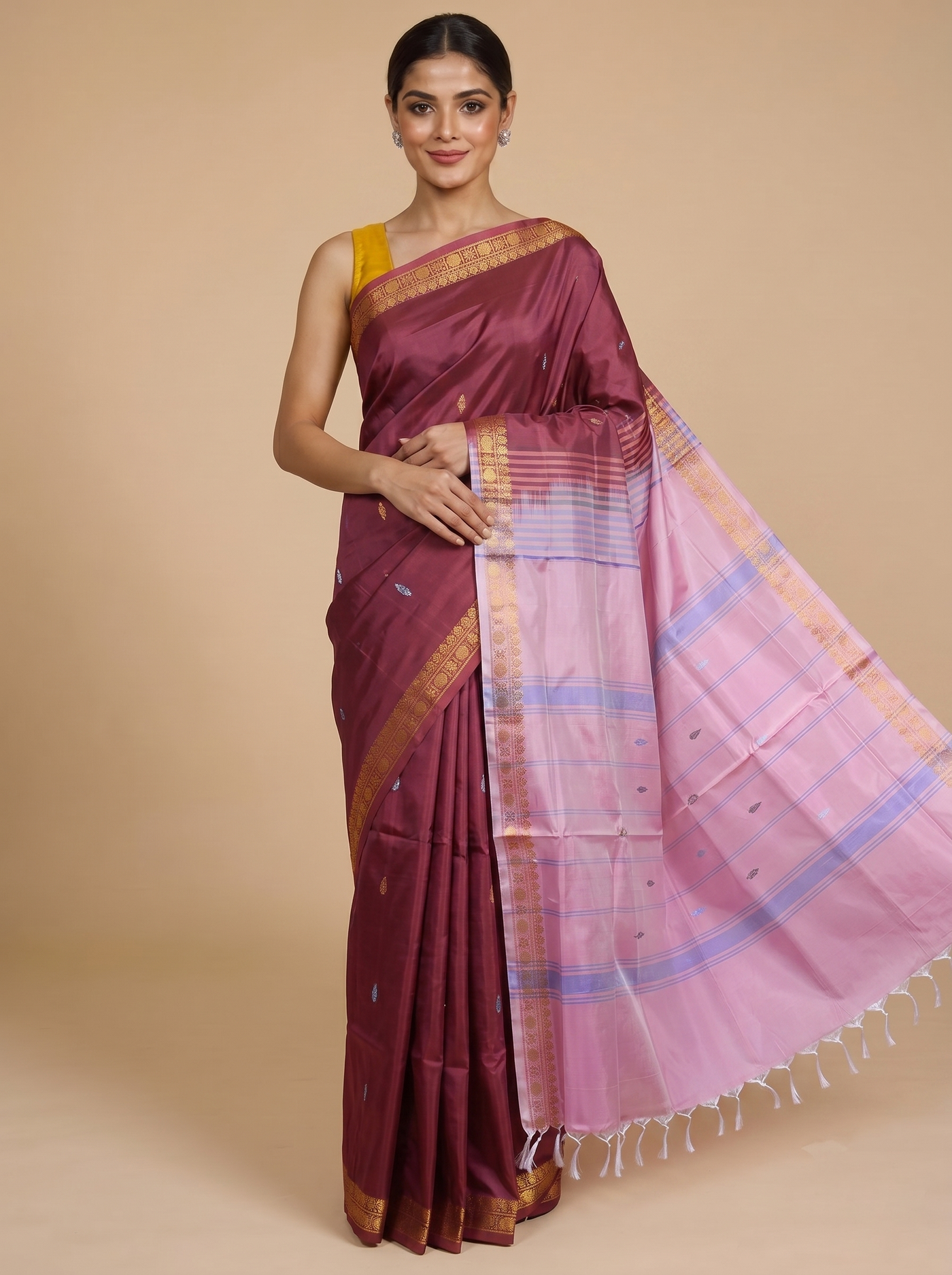 Wine with Pink Munthi Vaalai Naar Pattu Saree