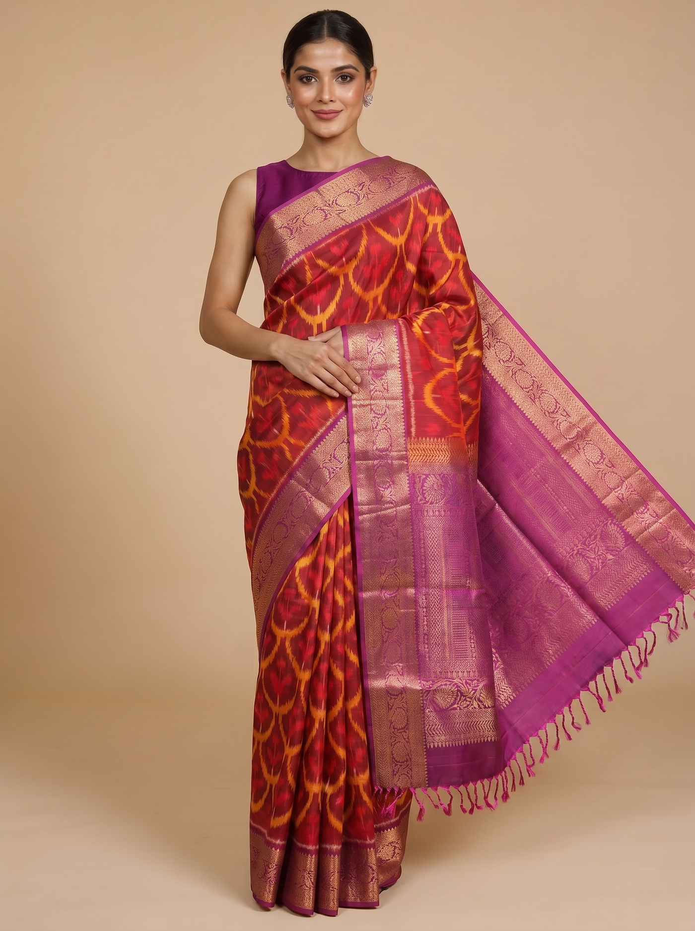 Red and Yellow Ikat with Magenta - Pure Kanchipuram Silk Saree