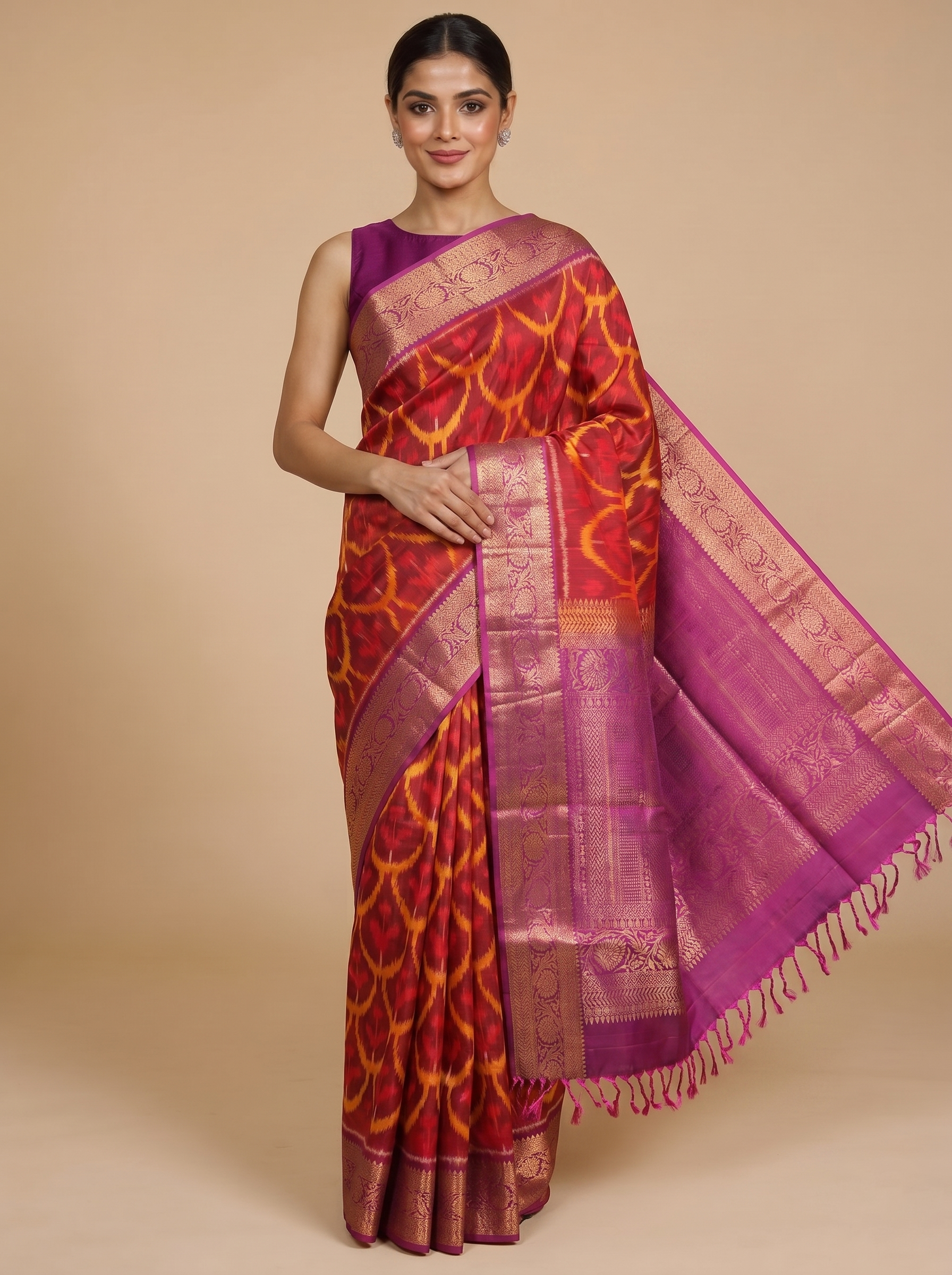 Red and Yellow Ikat with Magenta - Pure Kanchipuram Silk Saree