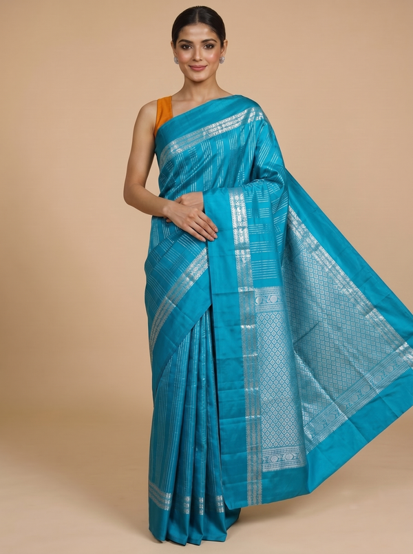 Turquoise Blue with Silver Zari Pure kanchipuram Silk Saree