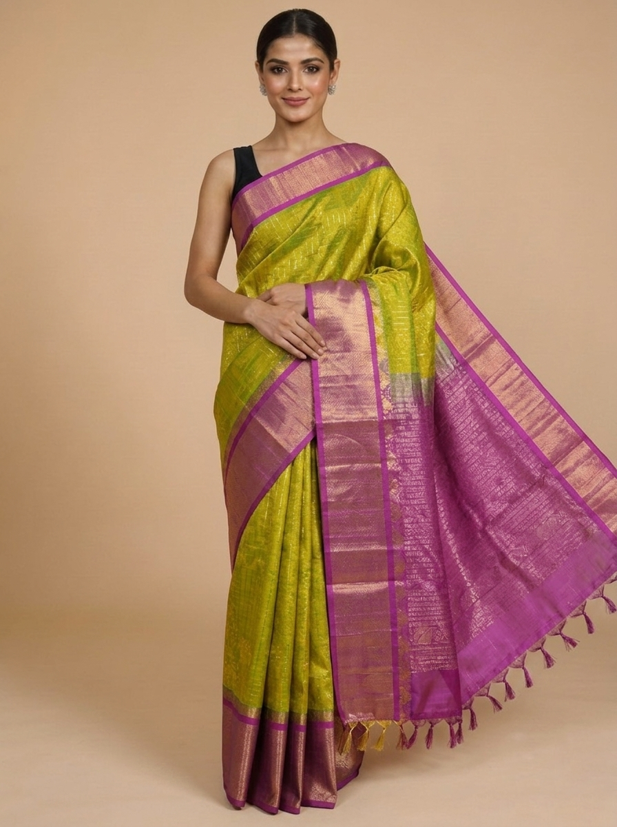 Elegant Pure Silk Cotton Saree in Lime Green and Magenta Pink
