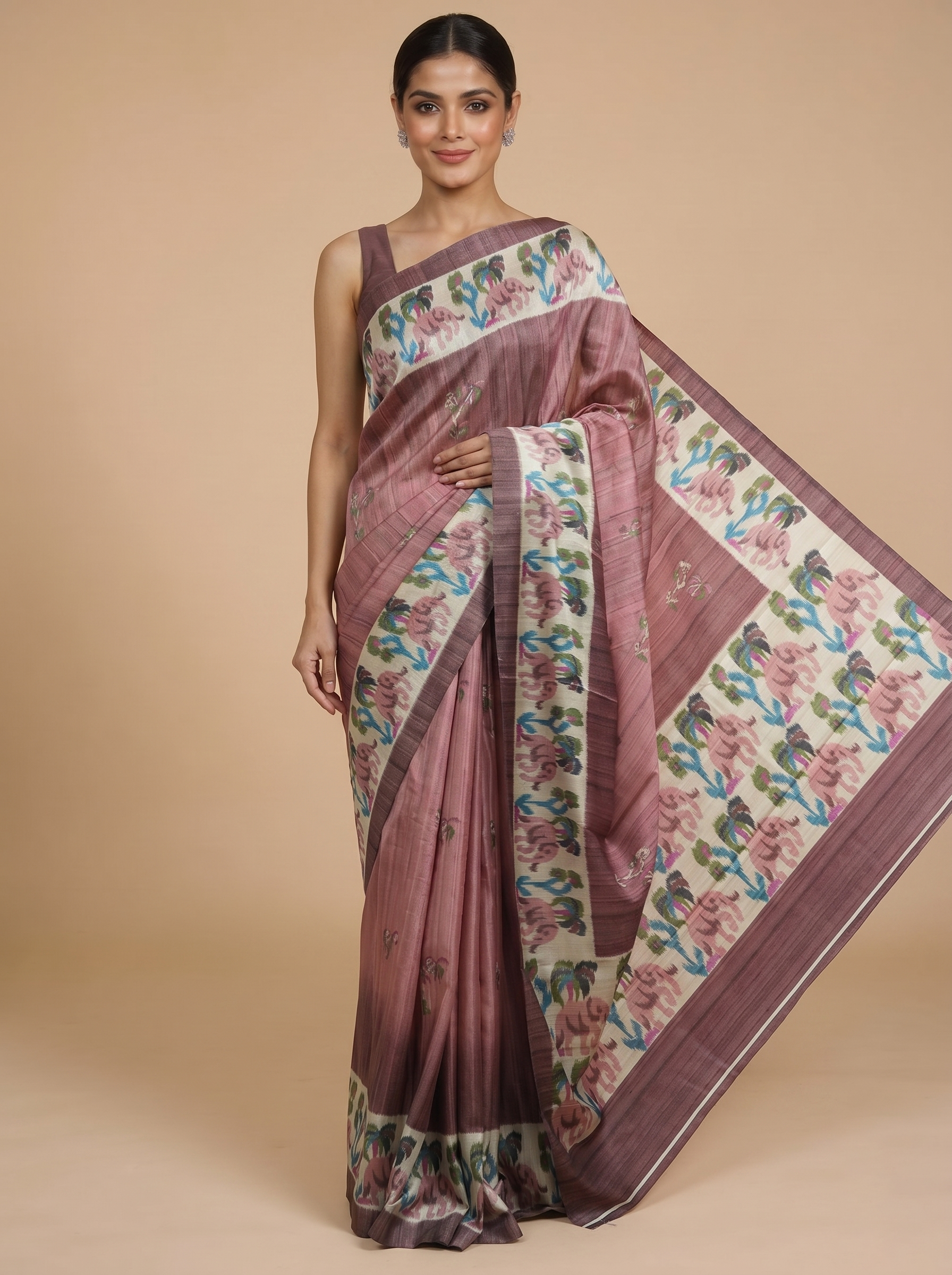 Mauve Pink with Off-White Elephant Motifs - Semi Tussar Saree