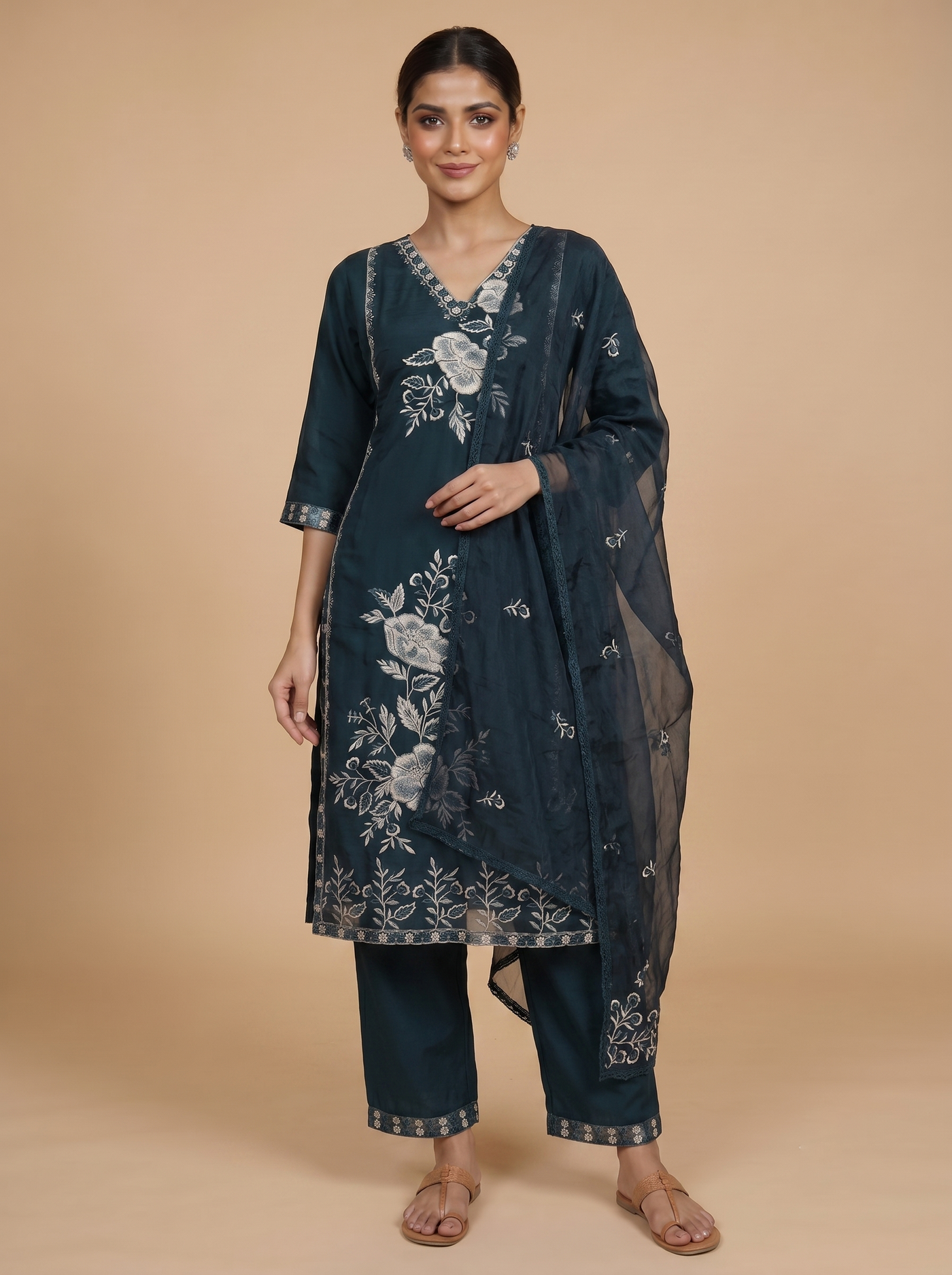 Deep Teal Blue with Matching  Dupatta Ready Made Salwar Suit