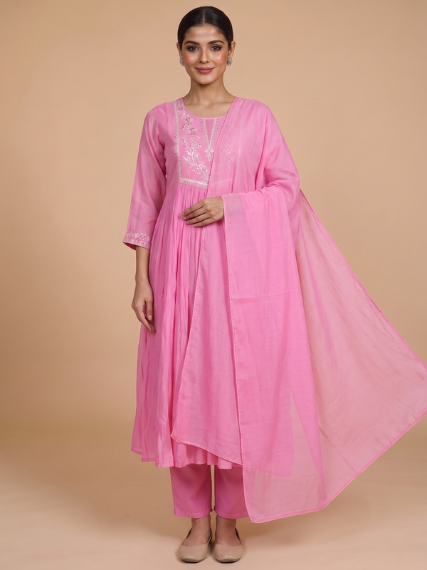 Pink with Pink Dupatta Ready Made Kurti Set
