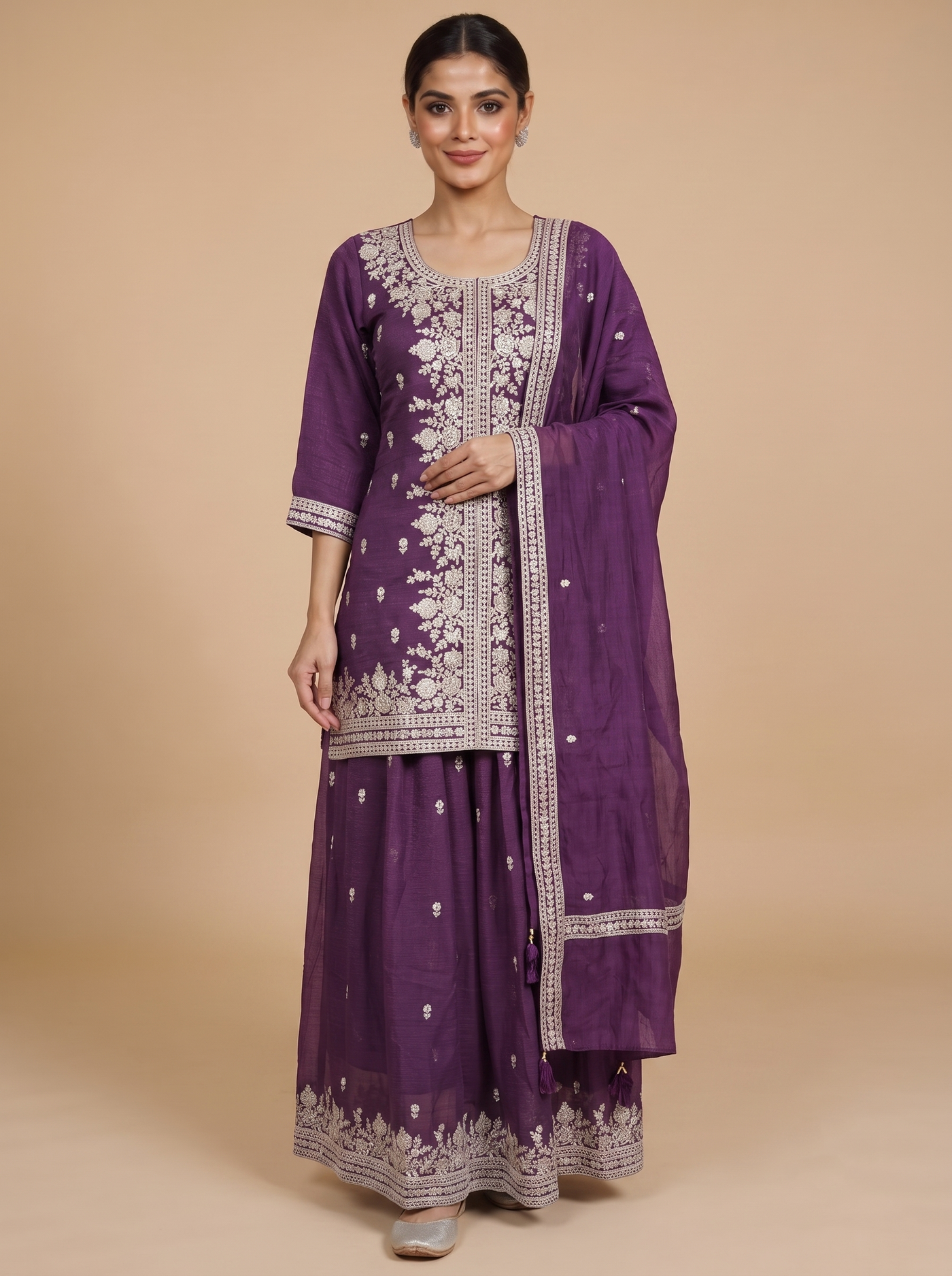 Purple with white zari Dupatta Ready Made Cholie Set