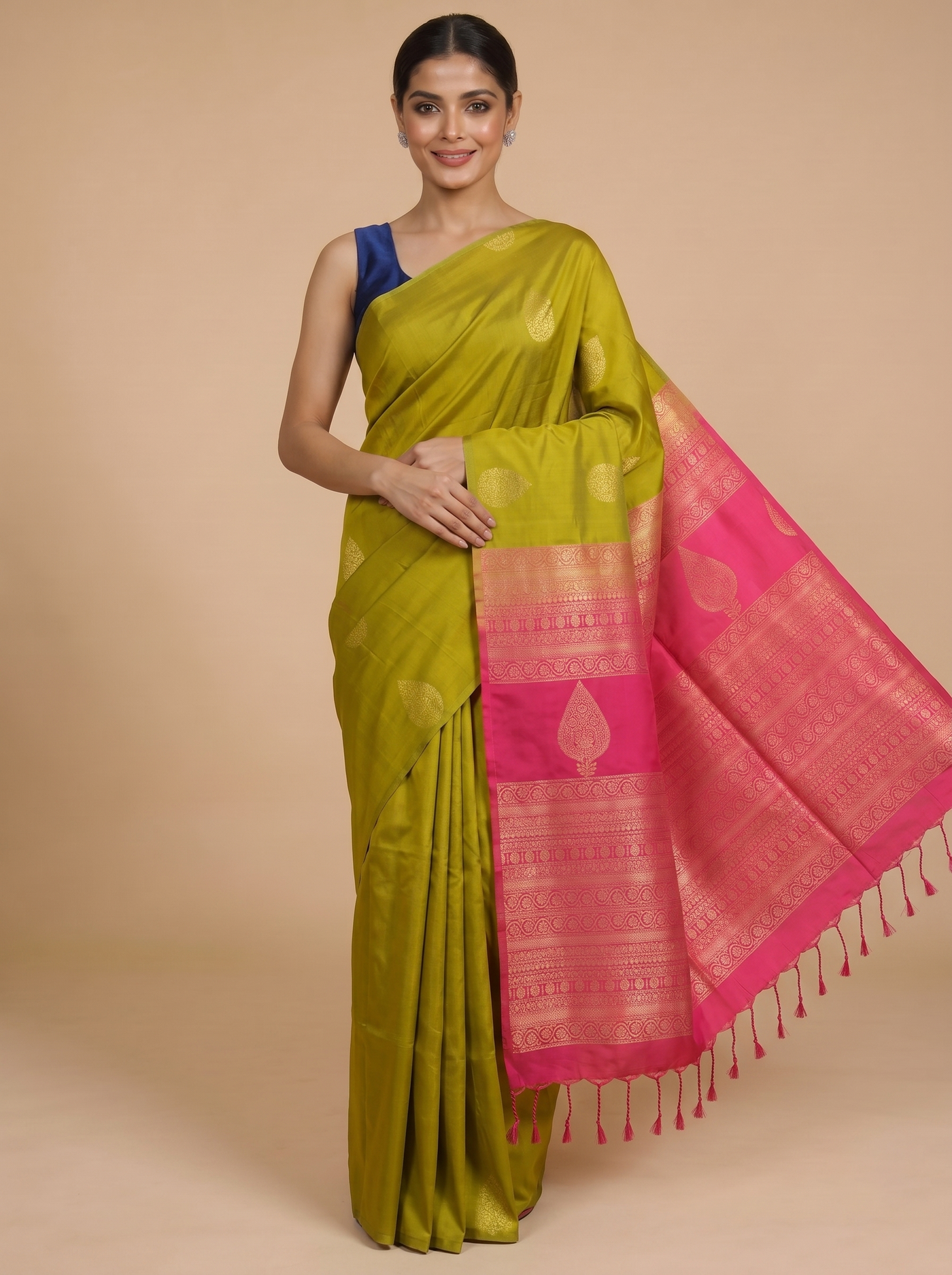Olive Green with Rani Pink - Semi Silk Saree