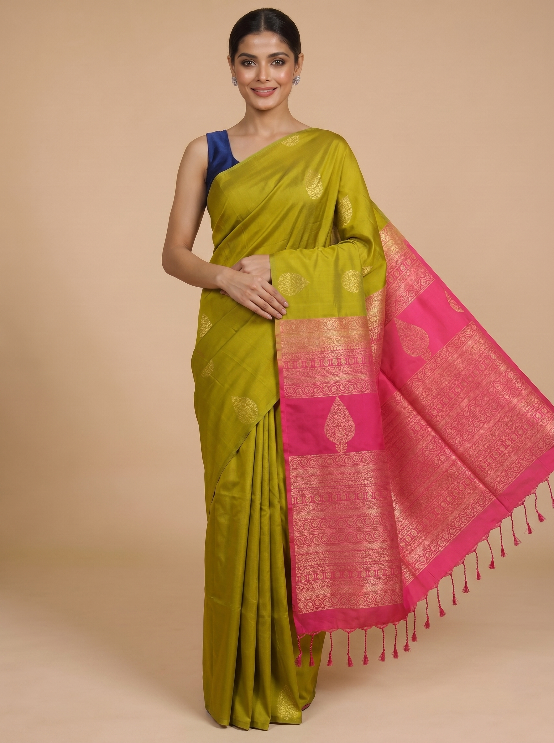Olive Green with Rani Pink - Semi Silk Saree