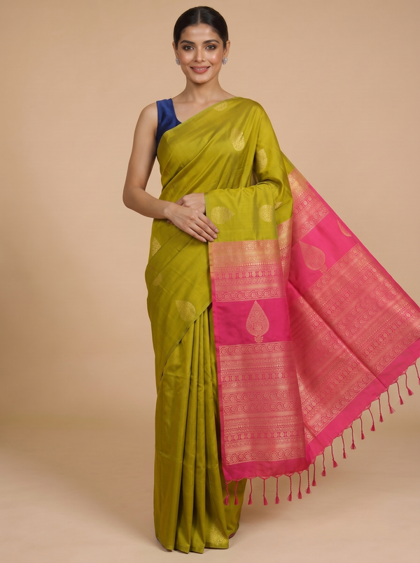 Olive Green with Rani Pink - Semi Silk Saree