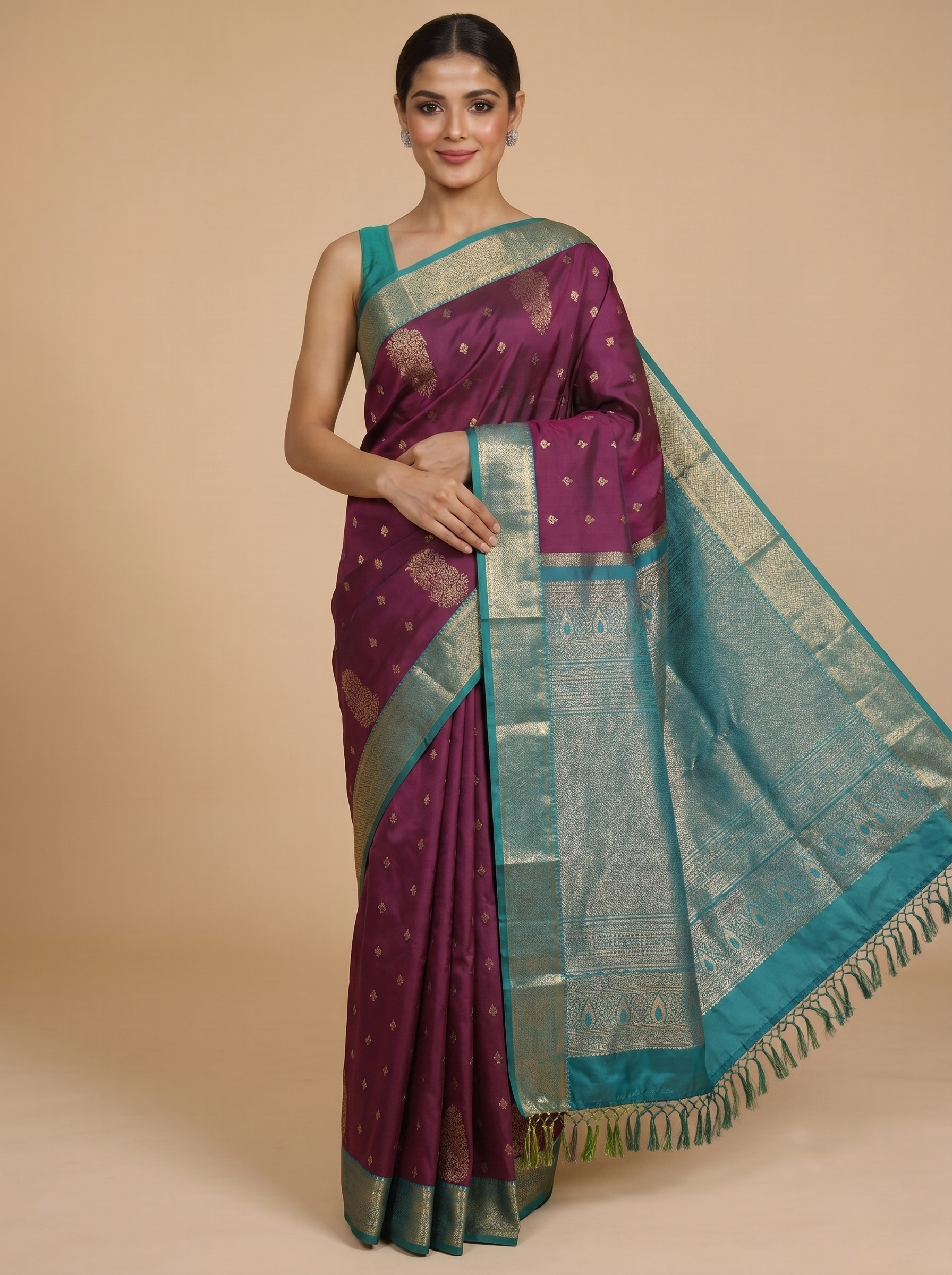 Wine Purple with Rama Green Kanchipuram Fancy Silk Saree