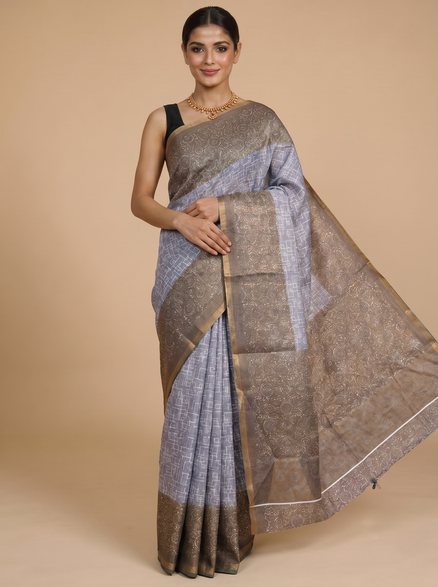 Ice Blue with Muted Bronze - Linen Cotton Saree