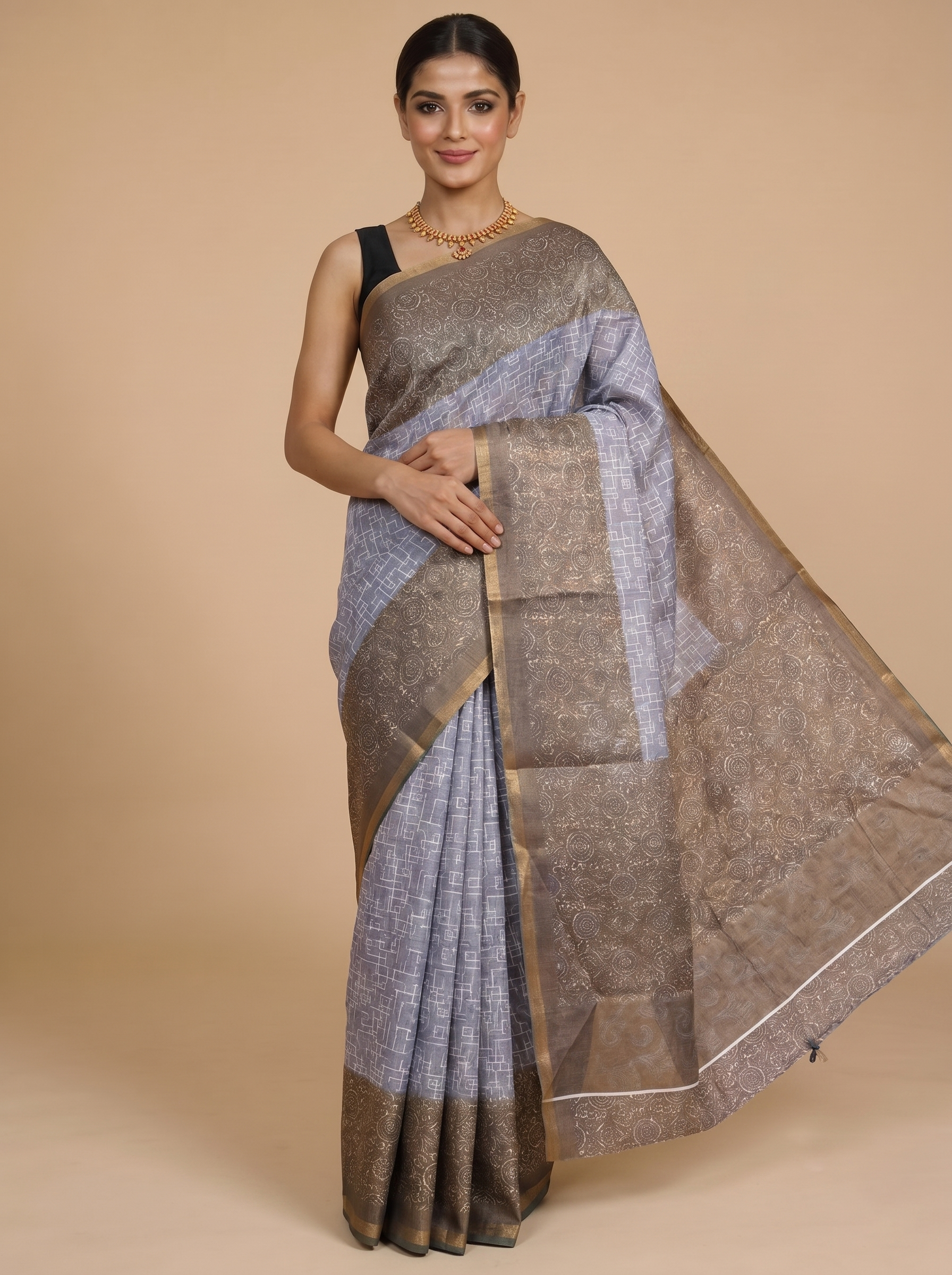 Ice Blue with Muted Bronze - Linen Cotton Saree
