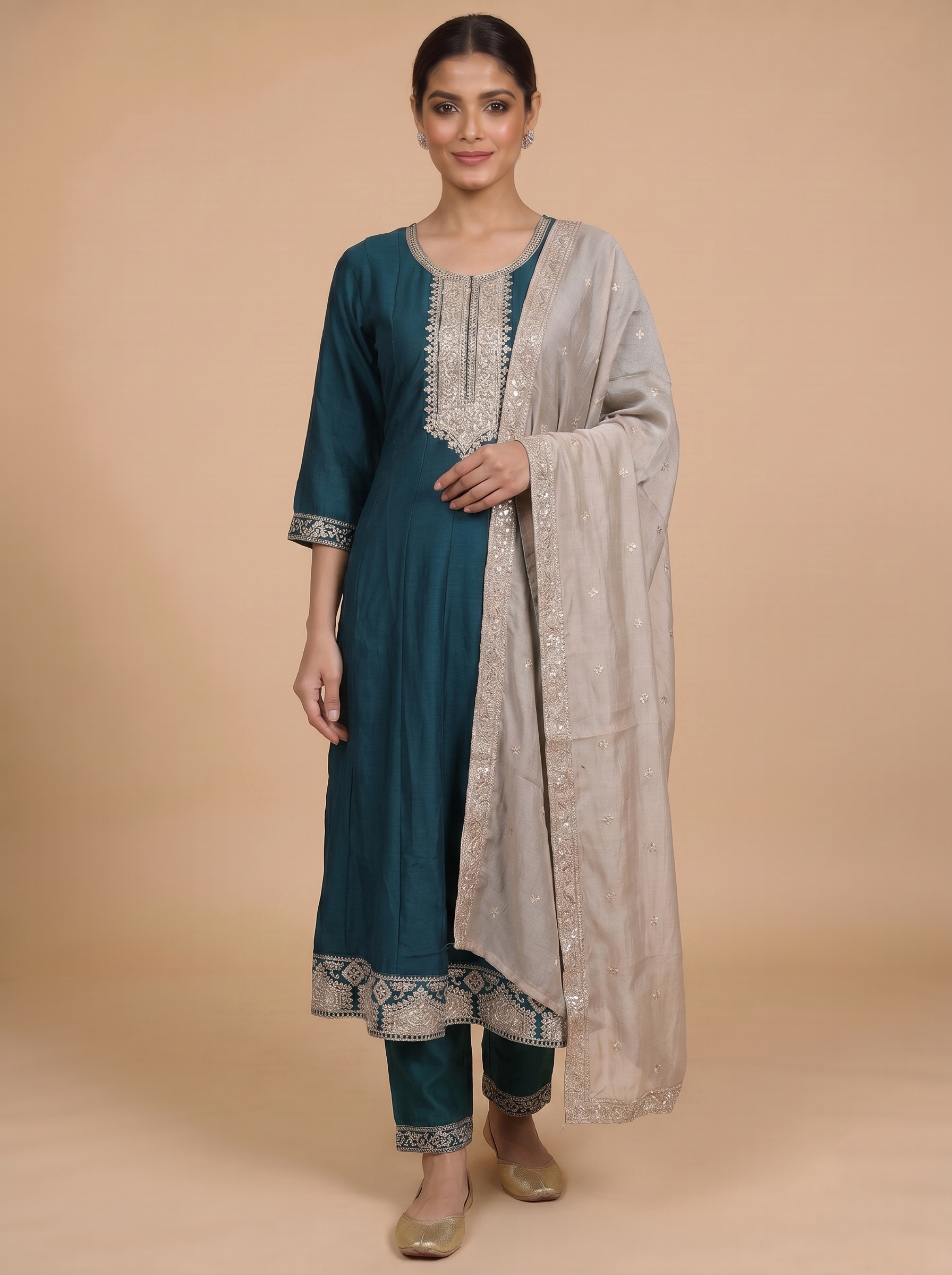 Teal Blue with Beige Ready Made Salwar Suit