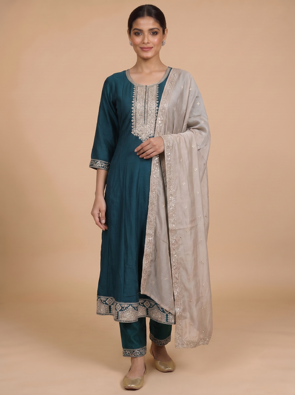 Teal Blue with Beige Ready Made Salwar Suit